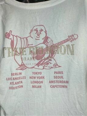 True Religion White T-Shirt with Pink Graphic Buddha and Rhinestone Logo XL